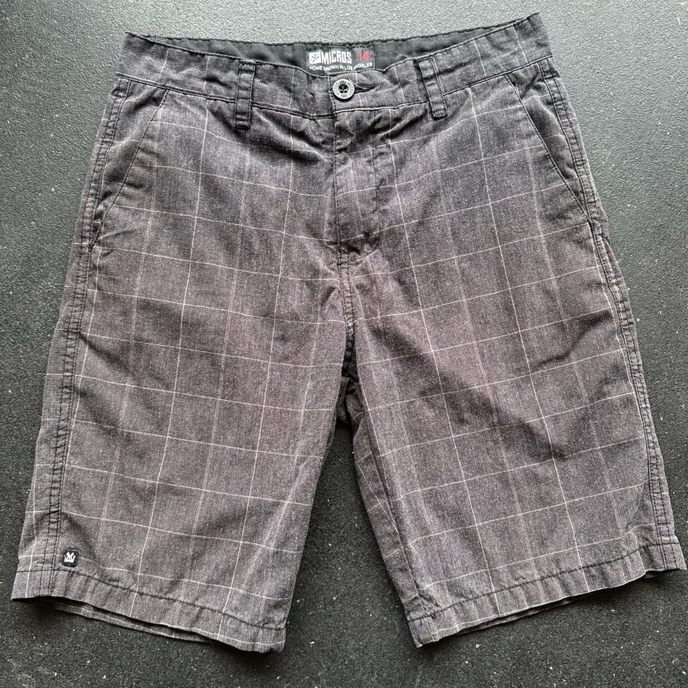 Micros shorts dark grey with black large checkerboard pattern. Size 14
